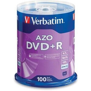 Verbatim 95098 AZO DVD+R 4.7GB 16X 120Min 100-Pack Spindle Blank Discs New